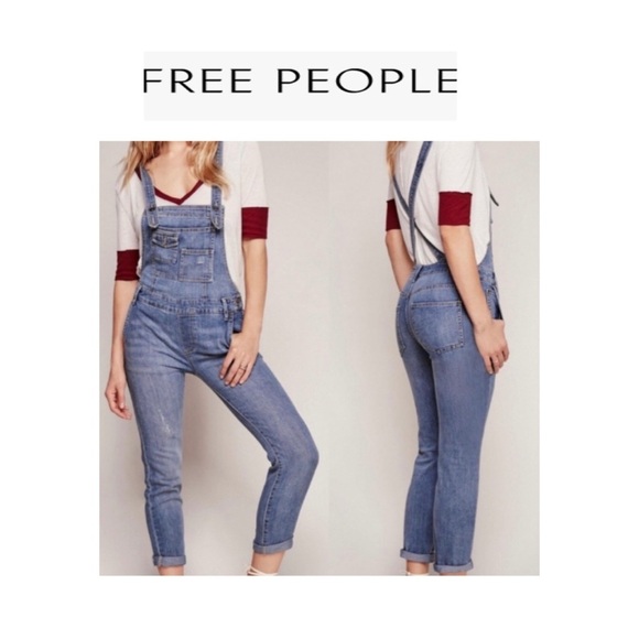 Free People Brady Medium Light Wash Denim Suspender Overalls 27 - Picture 1 of 16